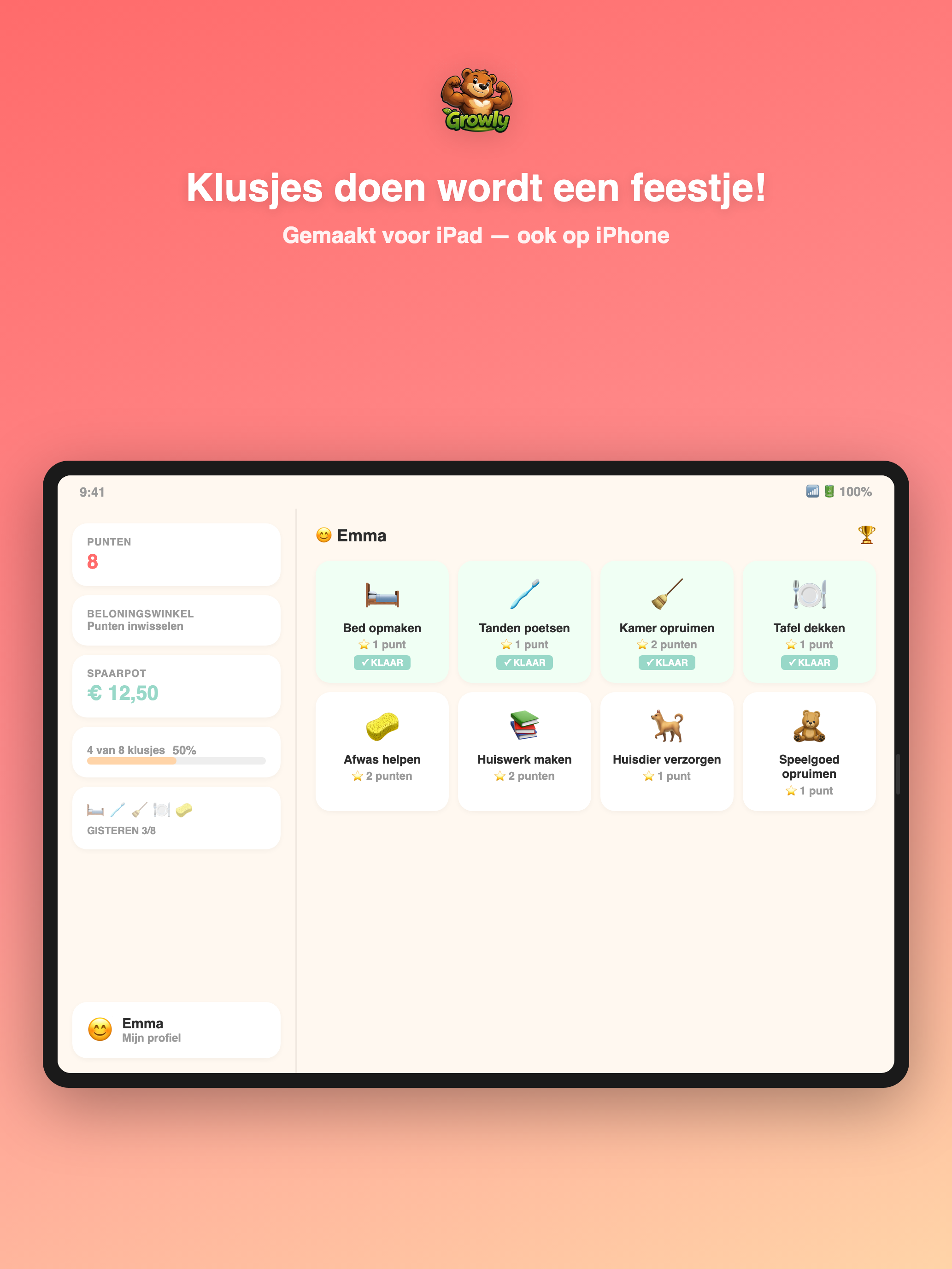 Growly op iPad — Klusjes Dashboard
